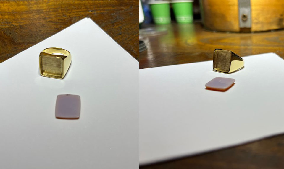 Taglio della pietra e sagomatura sul castone dell'anello a sigillo.